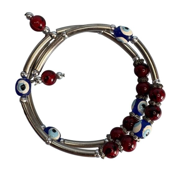 Murano Glass Evil Eye Beaded Wrap Bracelet Red & Blue Silver Tone Adjustable Han - Picture 6 of 7